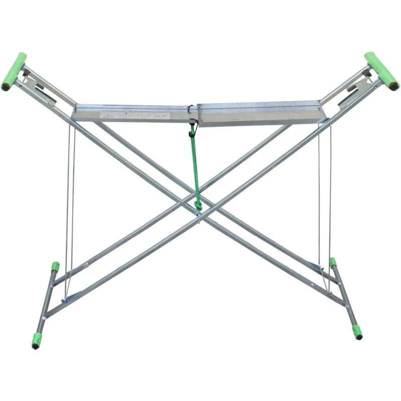 Silver folding service table with green accents, constructed in an X-shape.