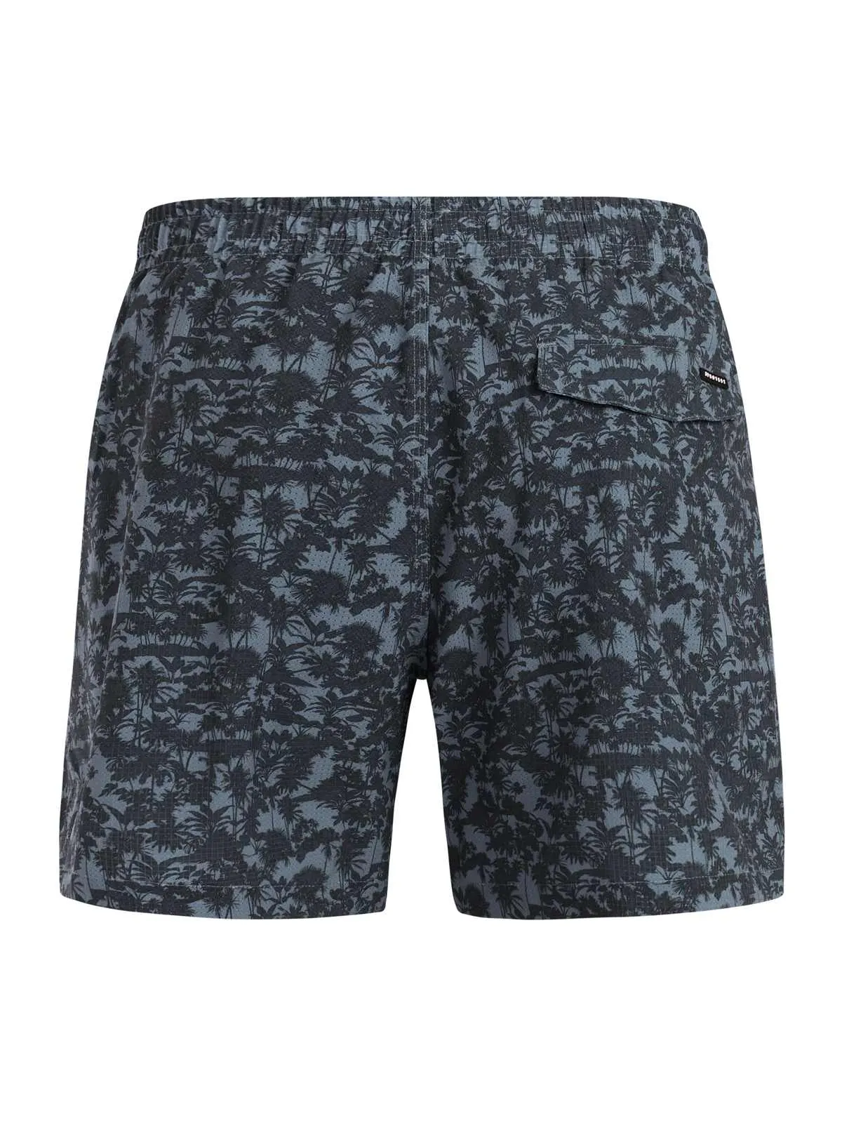 Swimming shorts, from the back, with a palm tree pattern in dark tones on a light blue background and an elasticated waistband.