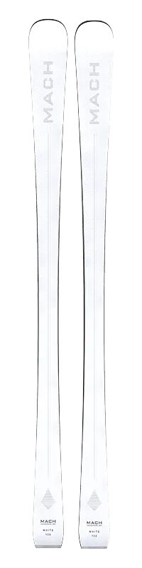 Two white skis of the MACH WHITE model from above, with brand name and model designation.