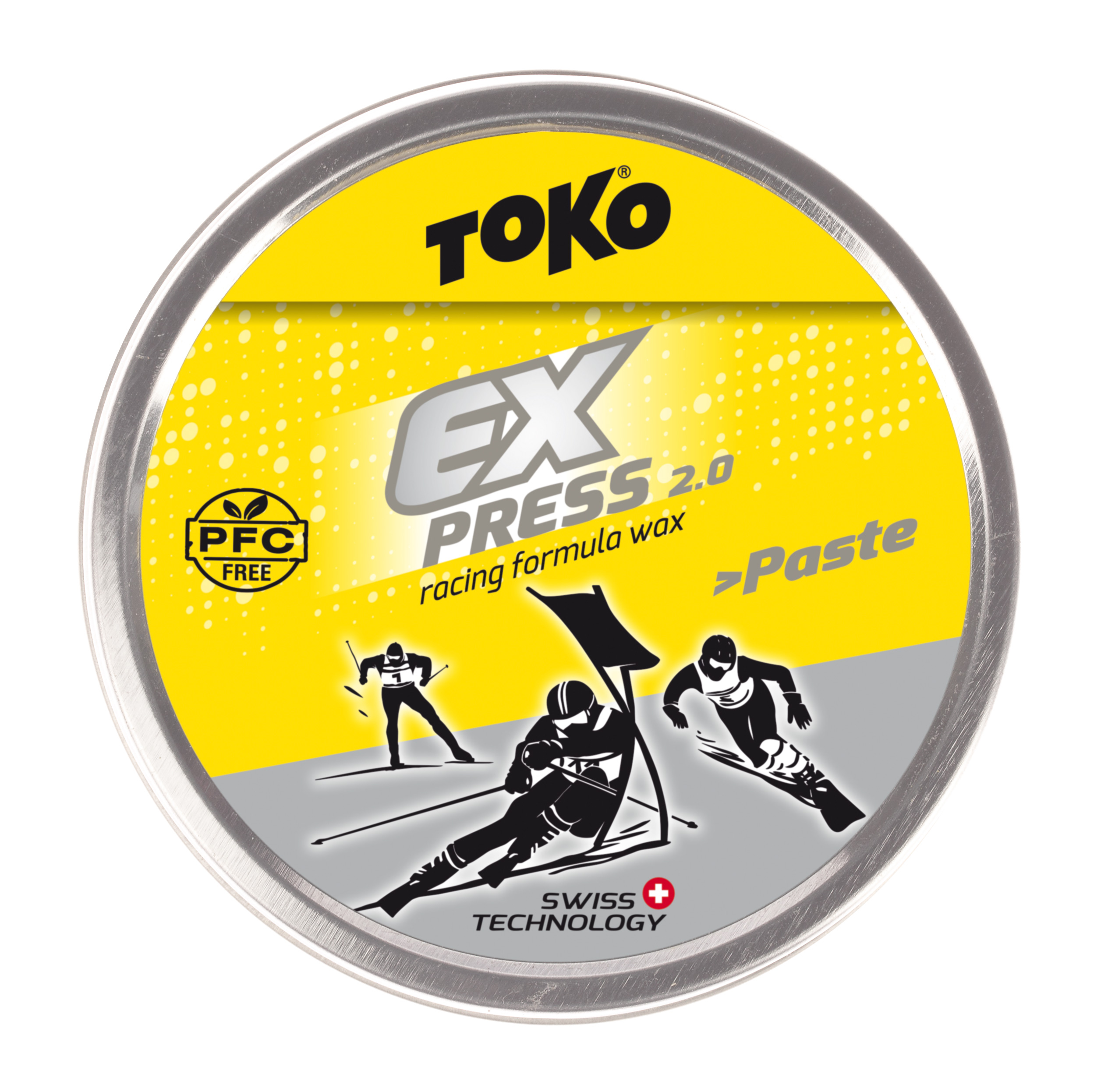 Dose Toko Express Racing Paste mit stilisierten Skifahrer-Motiven auf gelb-grauem Hintergrund.