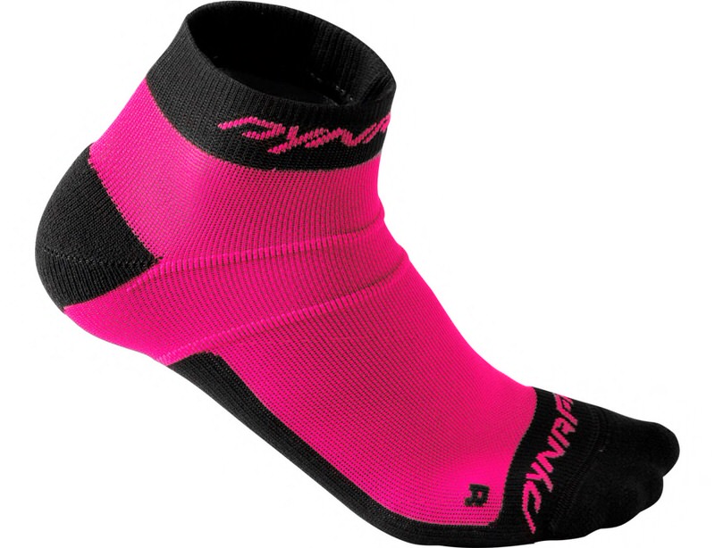 Close-up of a Dynafit Vertical Mesh Footie Sock in Pink-Glo with black detail, side view.