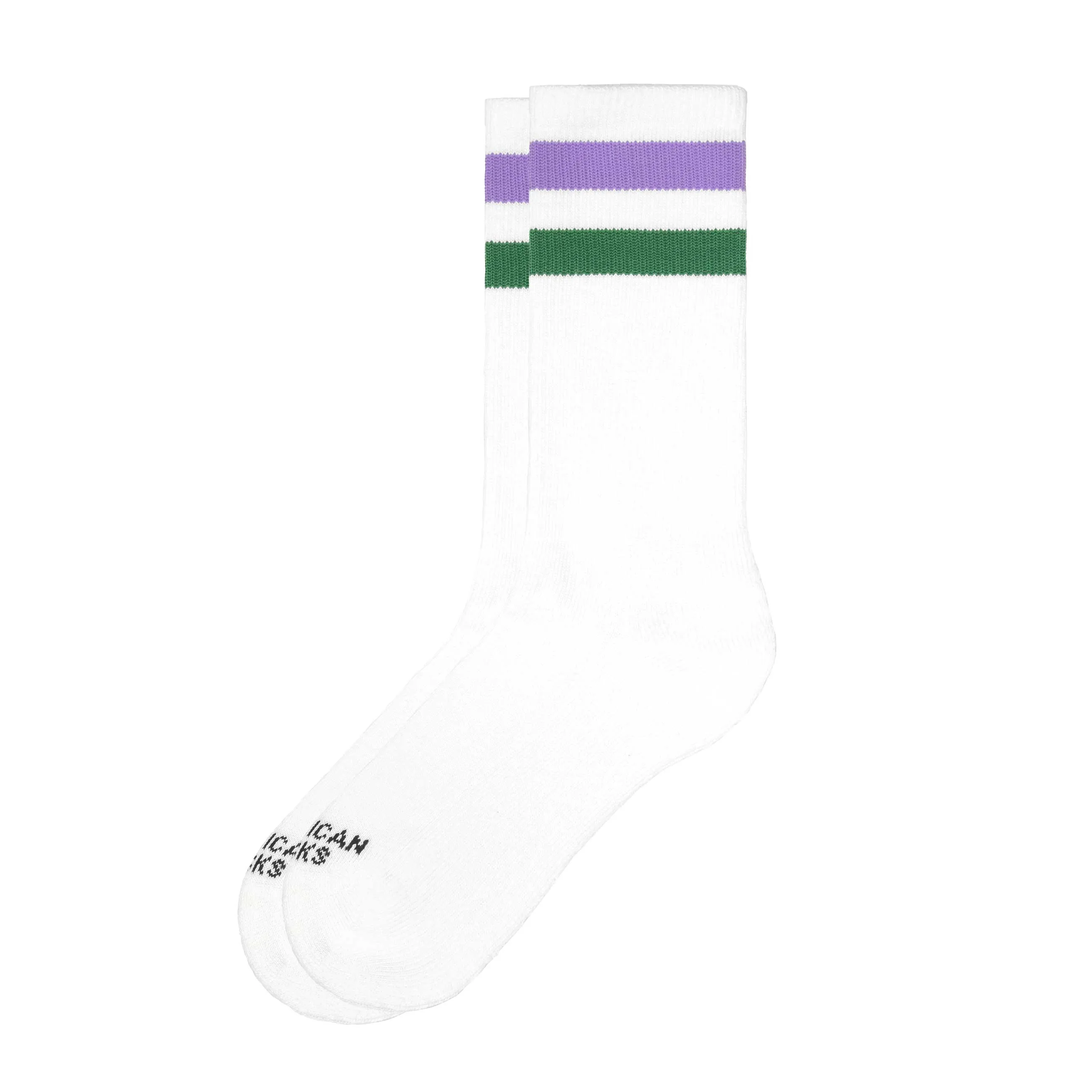 White mid high socks with one purple and one green stripe.