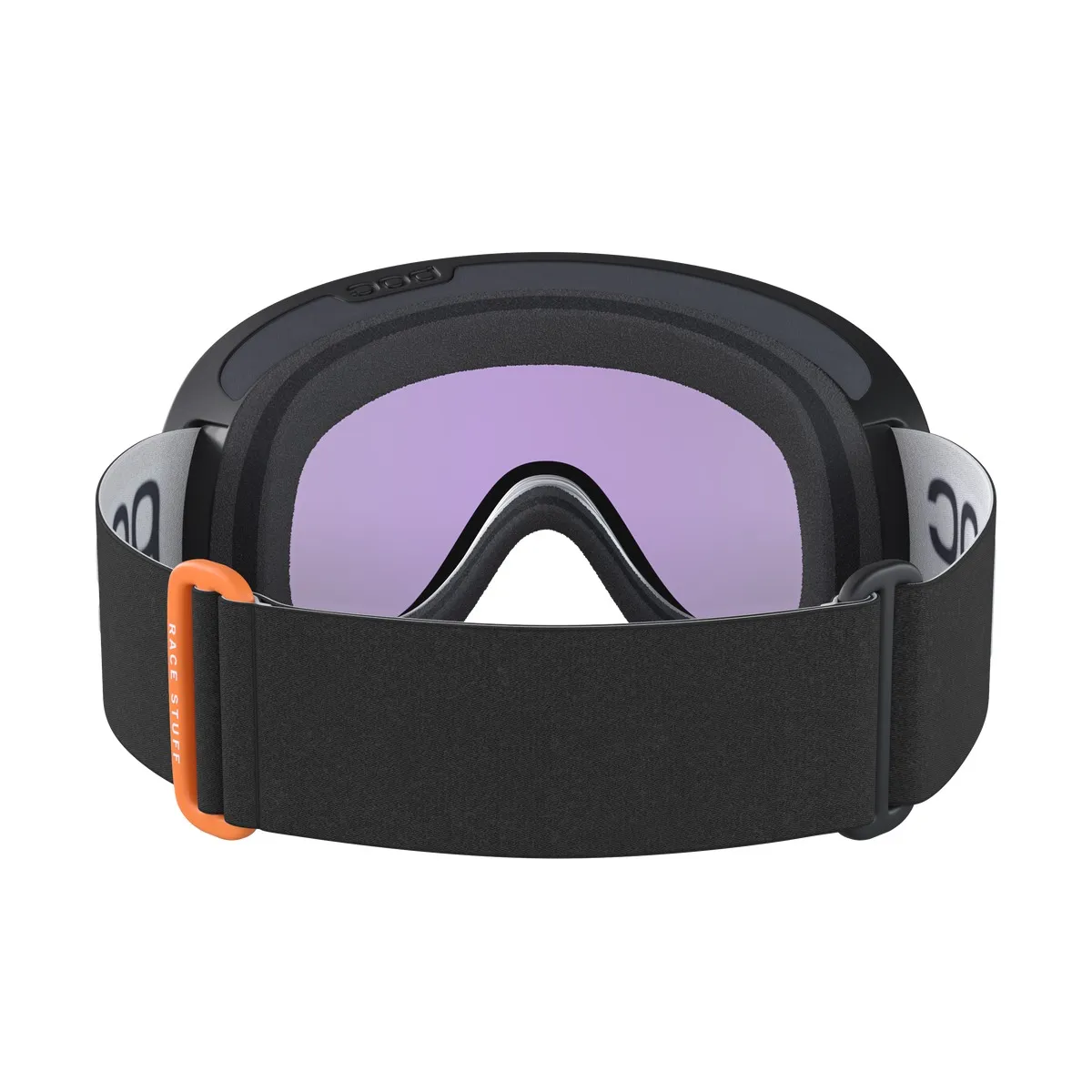 Black POC Retina WF ski goggles with purple lens and orange detail, front view.