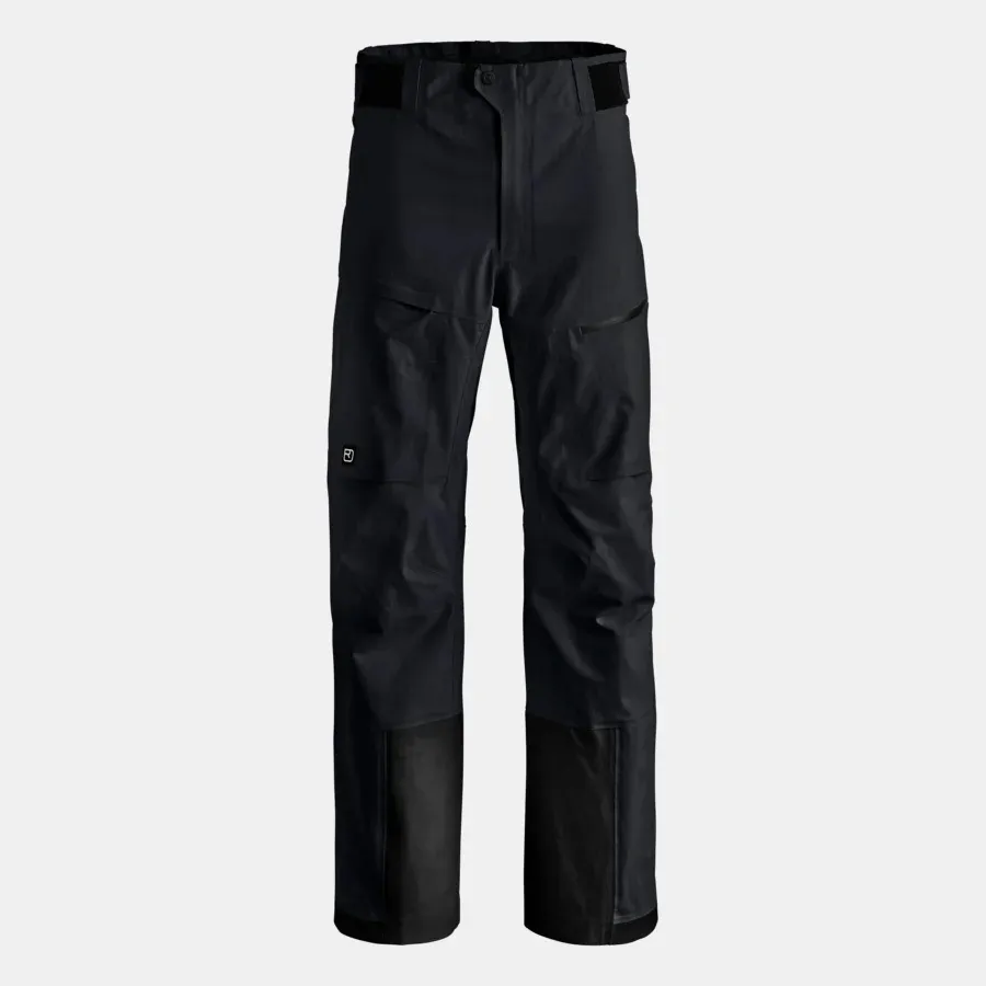 Black, water-repellent trousers with pockets and reinforced leg ends are set against a white background.