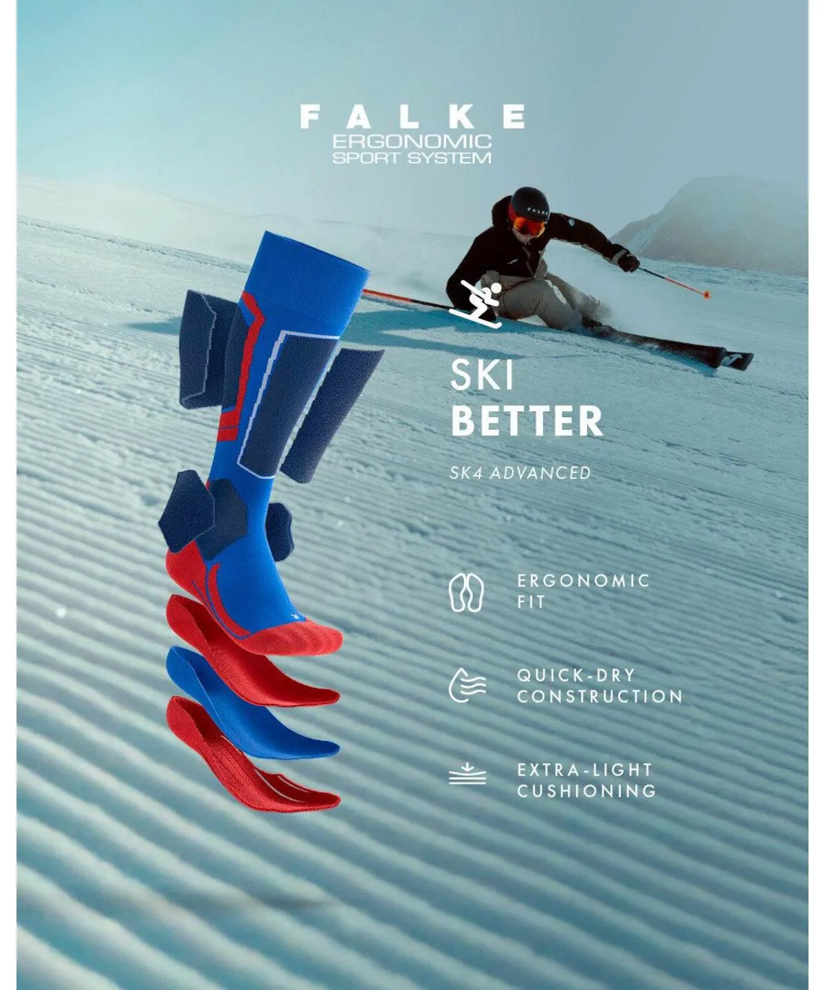 Falke SK4 Advanced ski socks in blue and red, shown in multiple layers, highlight their ergonomic fit, quick-drying construction, and extra-light padding. In the background, a skier is descending a groomed slope.
