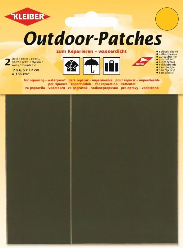 Packaging with two olive green outdoor patches. Text and symbols indicate waterproofness and self-adhesive function.