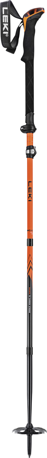 Aufrechter, oranger Leki Sherpa FX Carbon Strong Faltstock mit schwarzem Griff und Handschlaufe, Trekking Teller am unteren Ende.