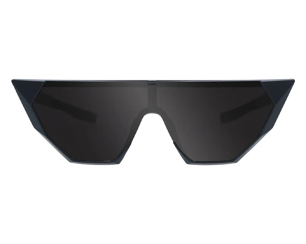 Dark gray, futuristic onyx sunglasses with geometric shapes and full-length lenses.