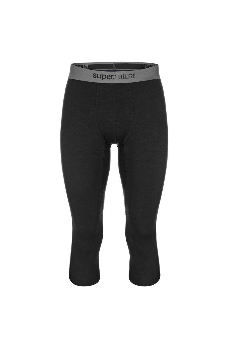 Schwarze 3/4 Tight von Super.Natural mit grauen Bund mit Markenlogo, freigestellt.