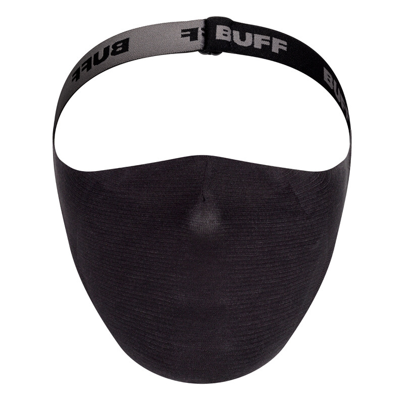 Schwarze Buff Filter Maske, Stoffmaske mit Band über Kopf und Nacken.
