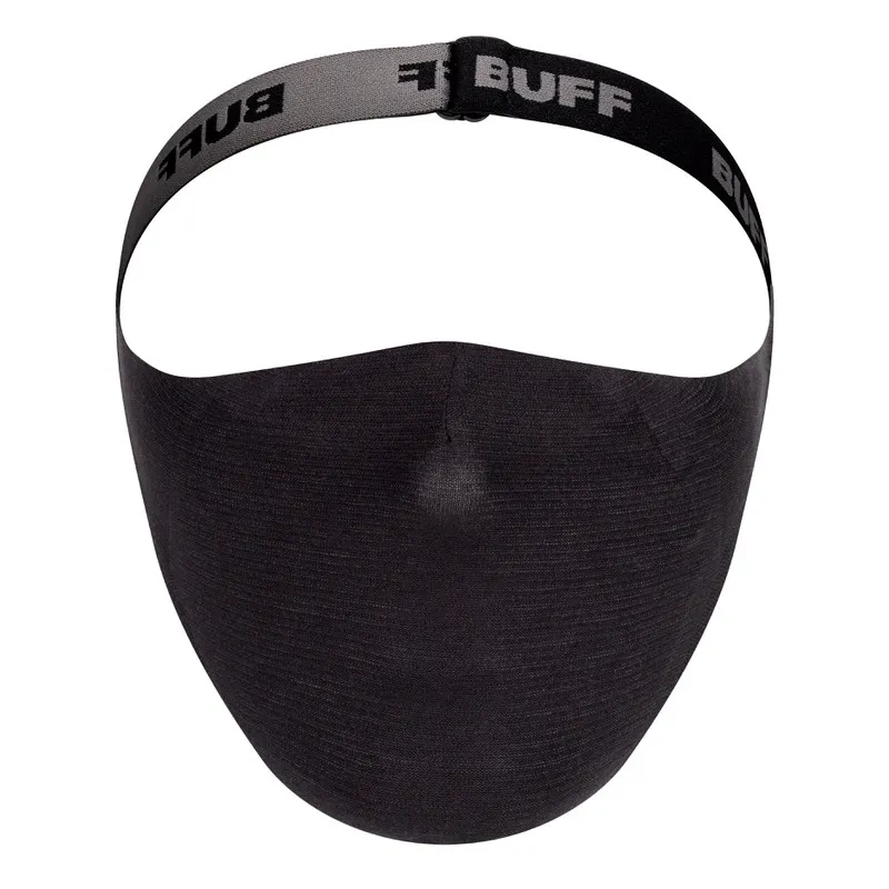 Schwarze Buff Filter Maske, Stoffmaske mit Band über Kopf und Nacken.