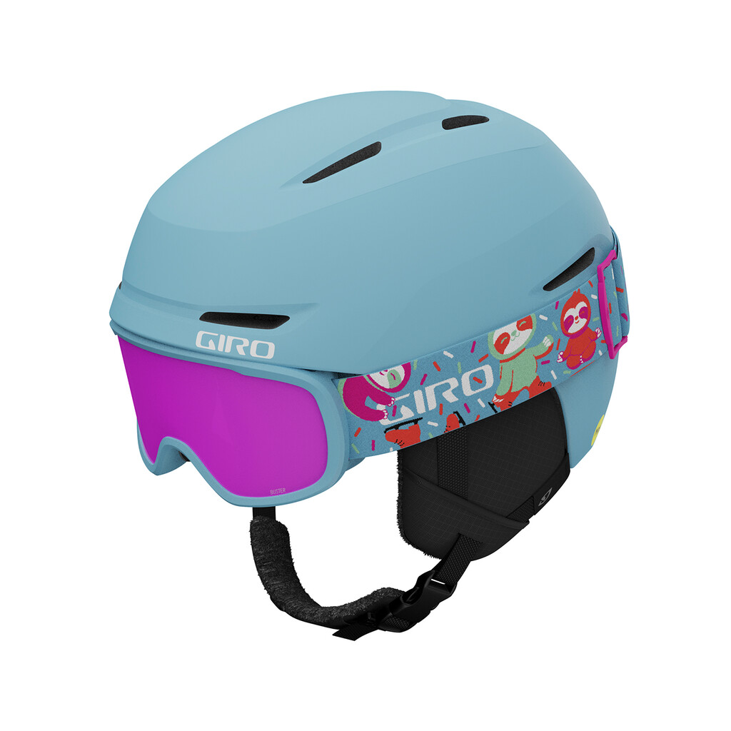 Hellblauer Kinder Skihelm Hellblauer Giro Spur Kinder Skihelm mit rosa Visier und Faultier-Muster am Brillenband.