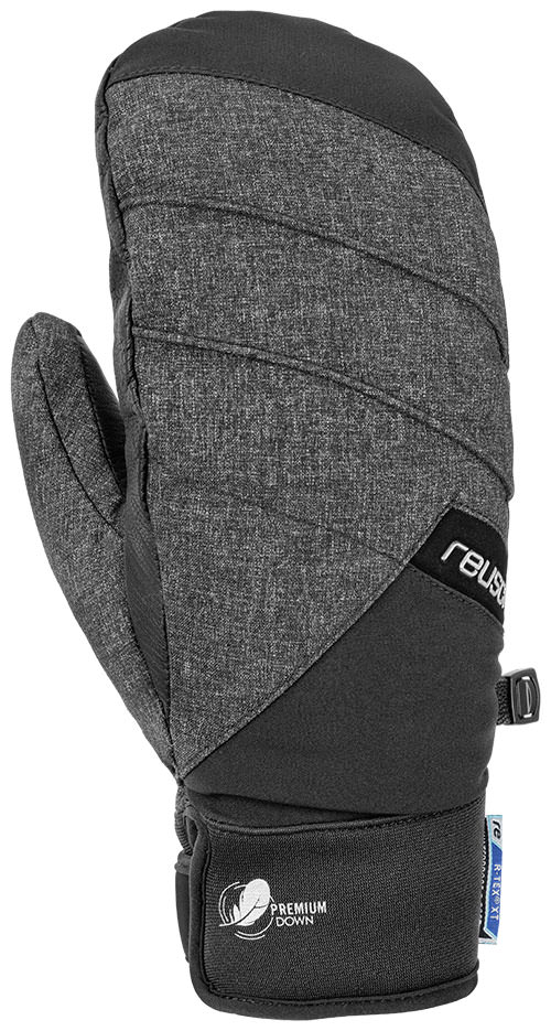Nahaufnahme eines Reusch Febe R-Tex XT Mitten Skihandschuhs in Grau und Schwarz. Der Handschuh ist ein Fausthandschuh mit Daunenisolation.