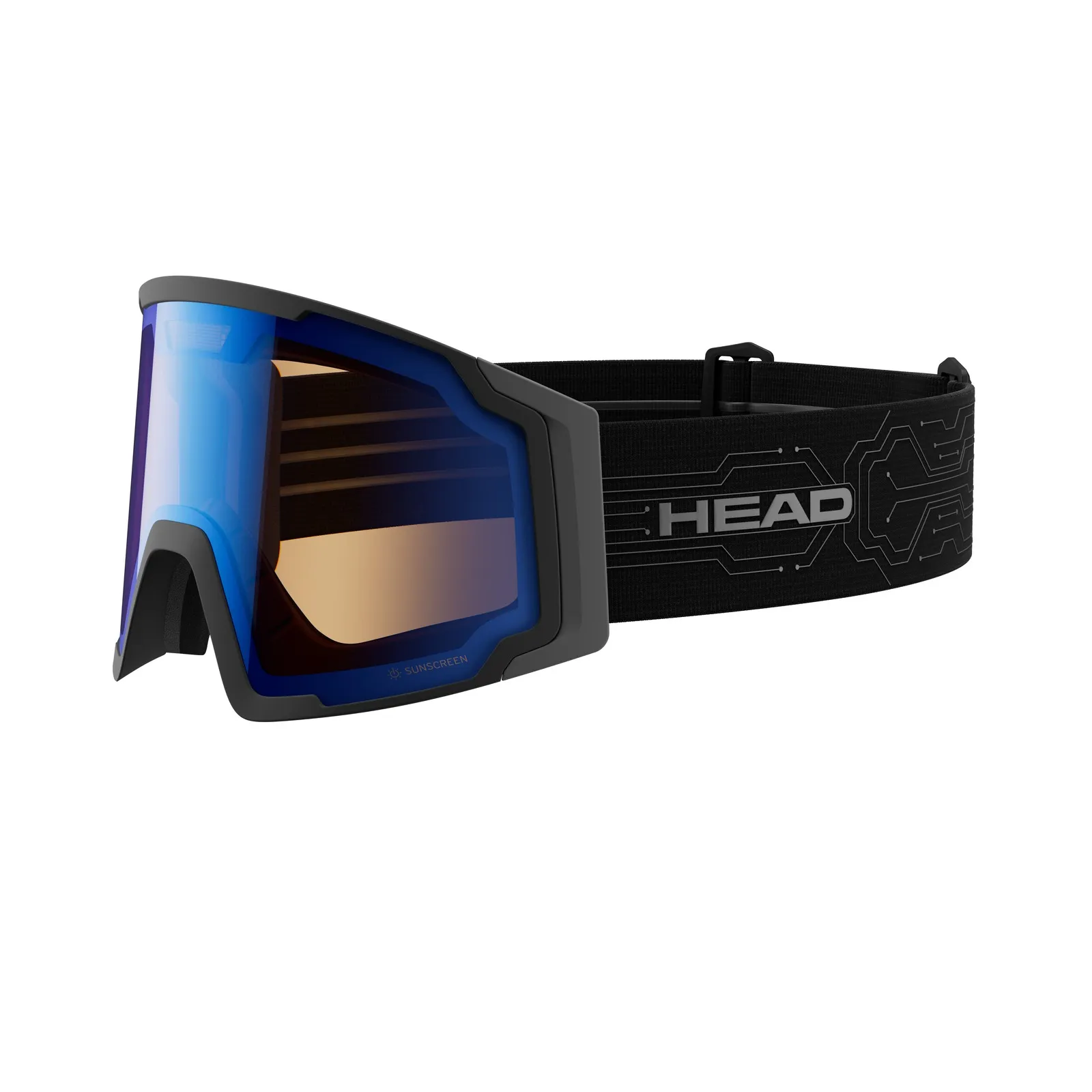 Head NEVES SUNSCREEN ski goggles with blue-orange, cylindrical double lens and wide, black strap.