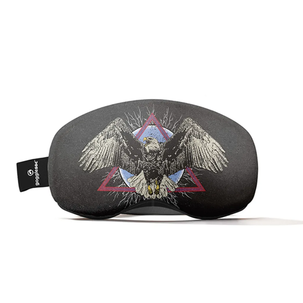 Black Gogglesoc Pro with eagle motif, red triangle and blue circle.