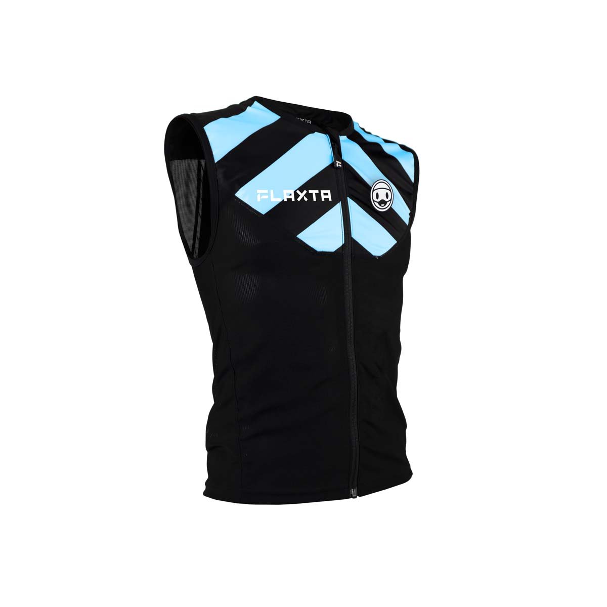 Schwarze Schutzweste Junior Schwarze Behold Junior Schutzweste mit hellblauen Akzenten und Reißverschluss, seitlich Netzeinsatz.