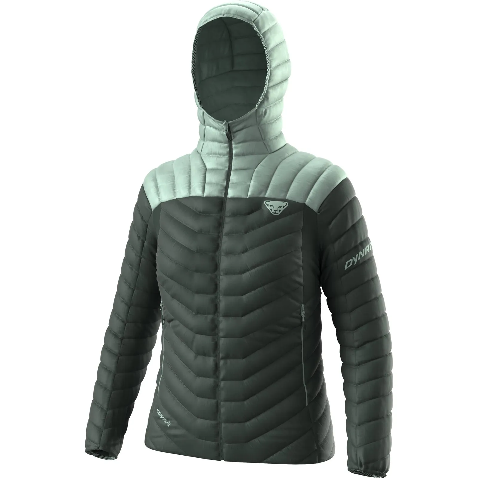 Giacca trapuntata con cappuccio, piumino Dynafit Ridge Ultralight da donna, grigio-verde, chiusura con zip.