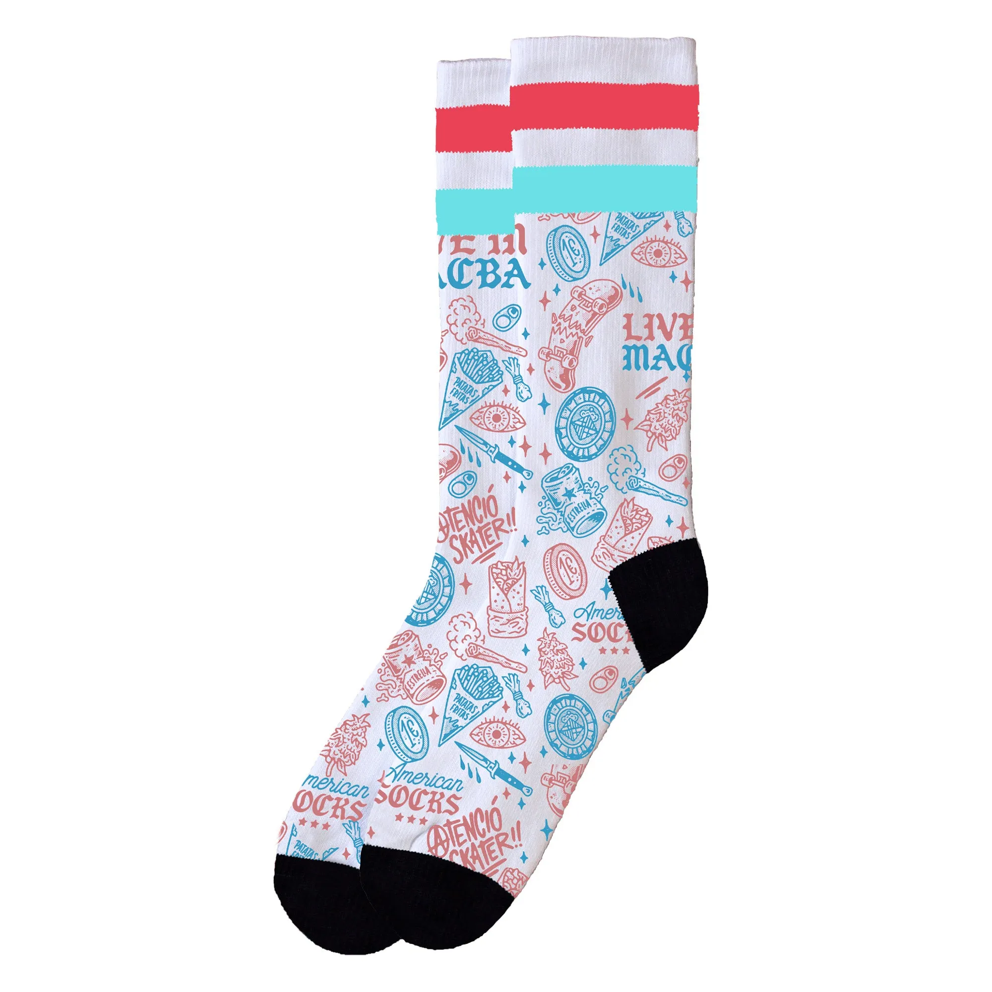 White skater sock with red and blue stripes and skateboard motifs such as fries, skates and lettering. Black heel and toes.