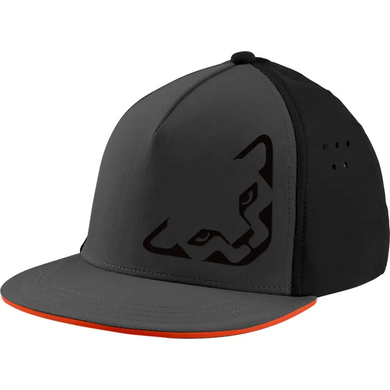 Dark gray Dynafit Tech Trucker Cap with black logo and orange trim on the visor. Ventilation holes on the side.