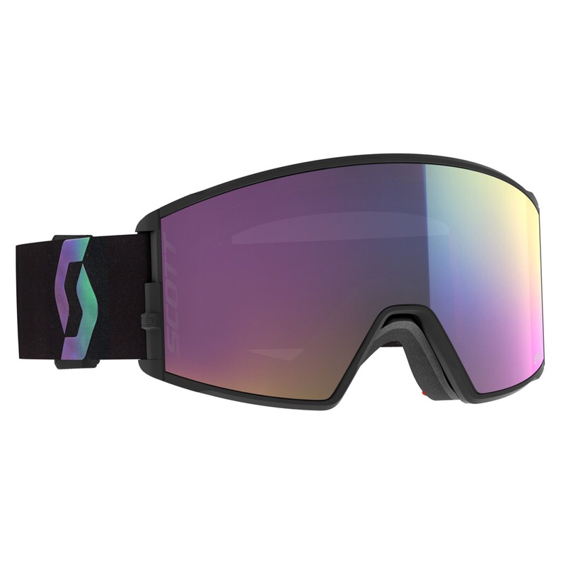 Schwarze Scott React Skibrille mit Aurora Green farbiger, verspiegelter, zylindrischer Scheibe und reflektierendem Logo am Band.
