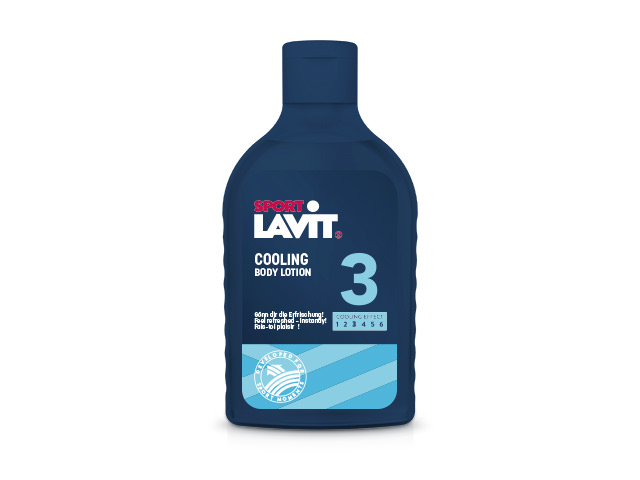 Blaue Flasche Sport-Lavit Cooling Body Lotion, mit Hinweisen zum kühlenden Effekt.
