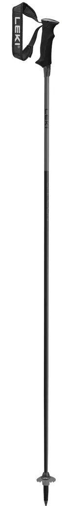 A single, gray-black trekking pole with wrist strap and plate.