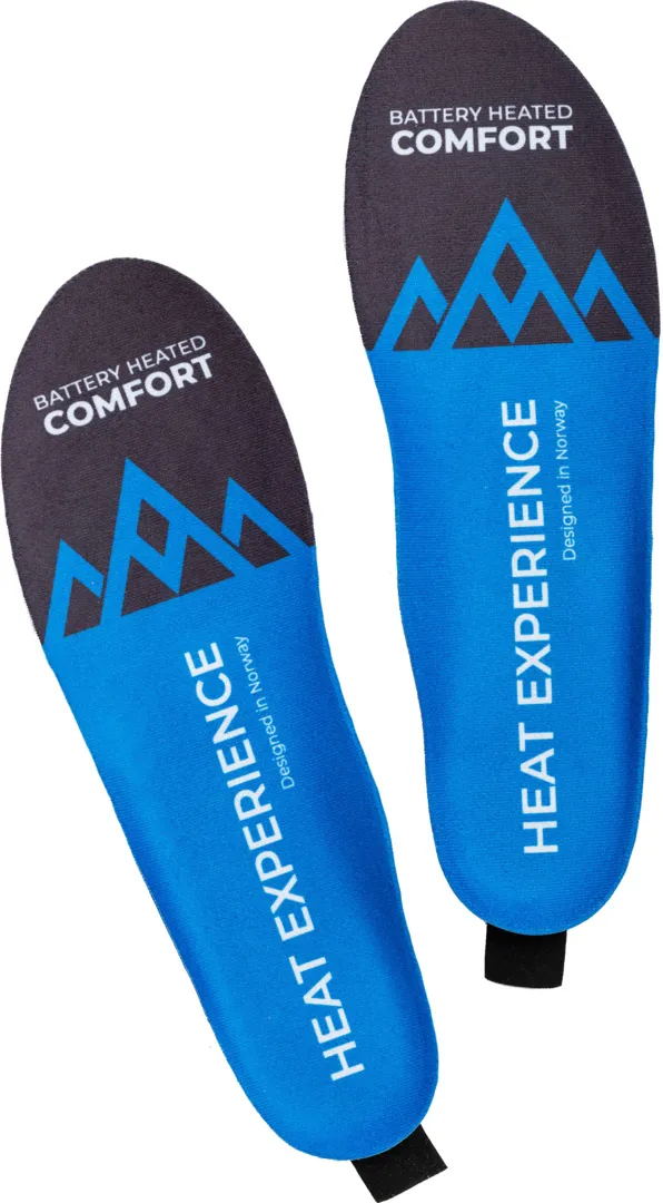 Two blue heatable insoles with the inscription "HEAT EXPERIENCE" and mountain motif, wireless charging, for warm feet.