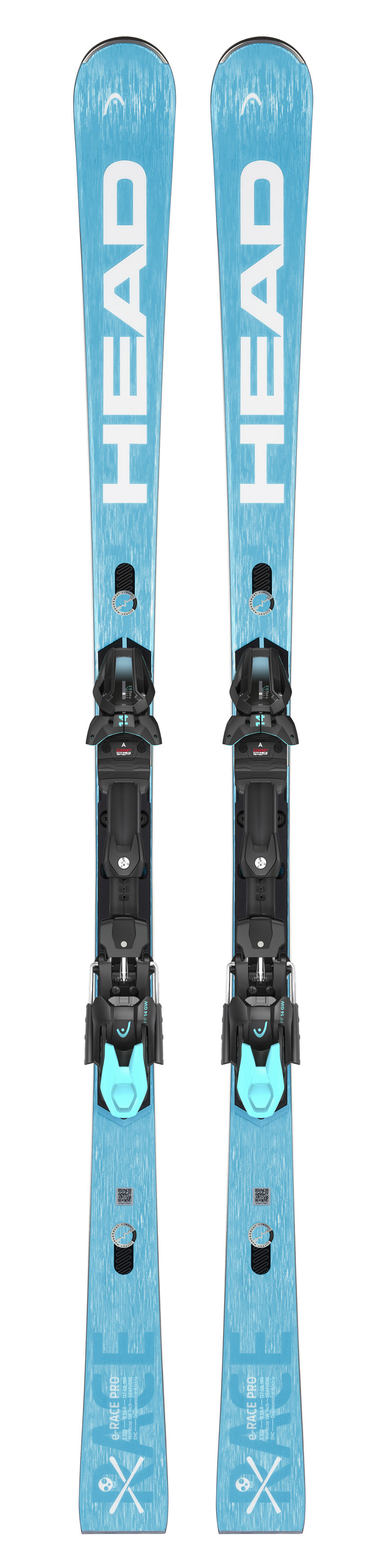 Türkis-blaue Ski, mit montierter Freeflex 14 GW Bindung. "HEAD" Schriftzug gut sichtbar. Unterseite mit "e-Race Pro" Aufdruck.