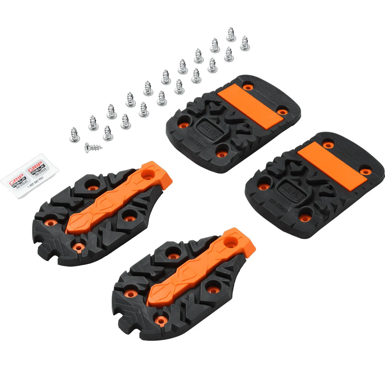 Trois semelles de chaussures avec des accents oranges, plus des vis et des autocollants sur fond blanc.