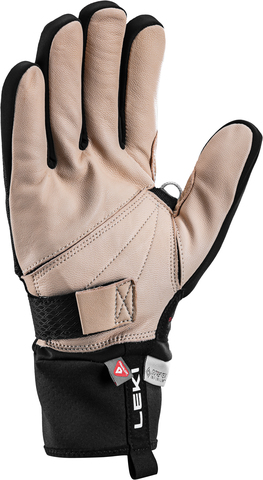 Detailaufnahme: Leki PRC Premium Thermoplus Shark Handschuh, Handinnenfläche aus Leder, Handrücken schwarz, Manschette mit Logos.