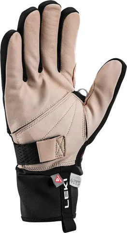 Vue détaillée : Leki PRC Premium Thermoplus Shark gant, paume en cuir, dos de la main noir, manchette avec logos.
