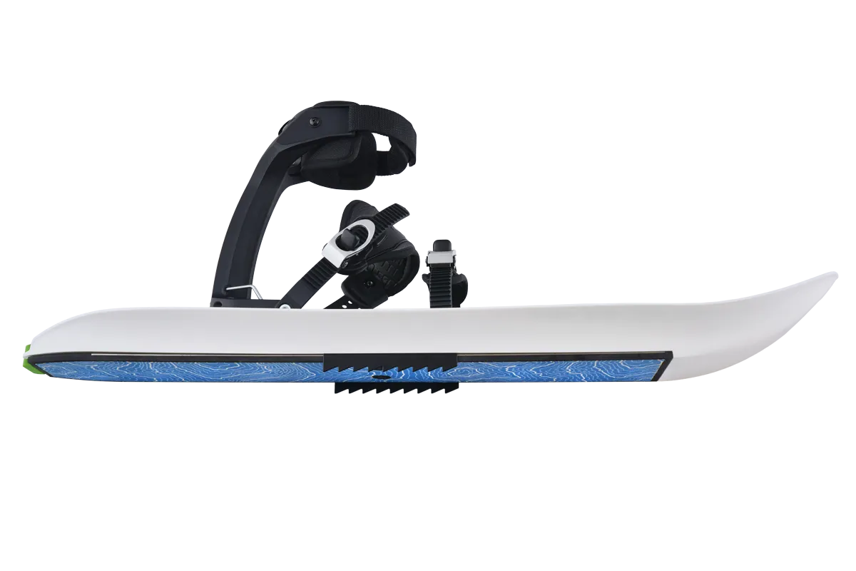 Crossblades with mounted crampons in side view. White ski with blue details and black binding.