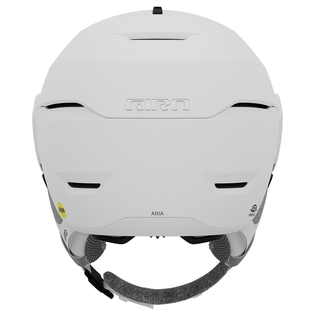 Detailansicht des weißen Giro Aria Mips Spherical Skihelms von hinten mit Belüftungsschlitzen und Ohrenpolstern.