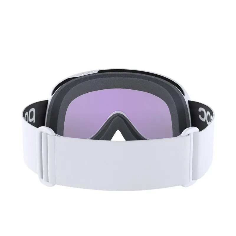 Front view: White POC Retina Mid ski goggles with purple lens and adjustable strap.