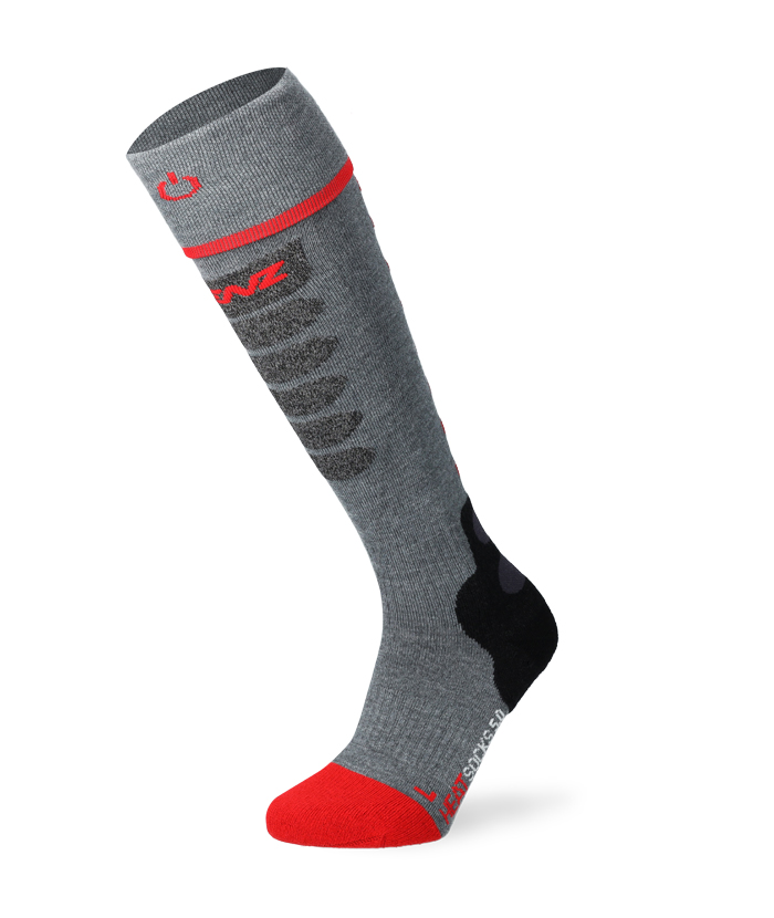 Graue, lange Lenz Heat Sock 5.1 Slimfit mit roter Zehenkappe, Manschette und Logo.