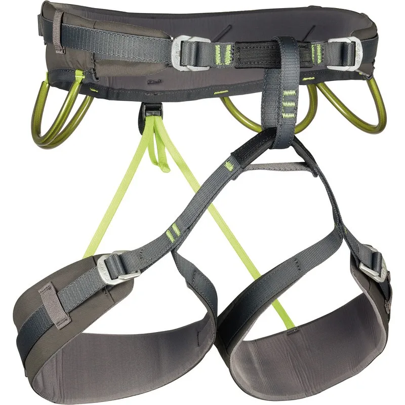 Grauer CAMP Energy CR 4 Klettergurt mit Beinschlaufen und Schnallen, Frontalansicht.