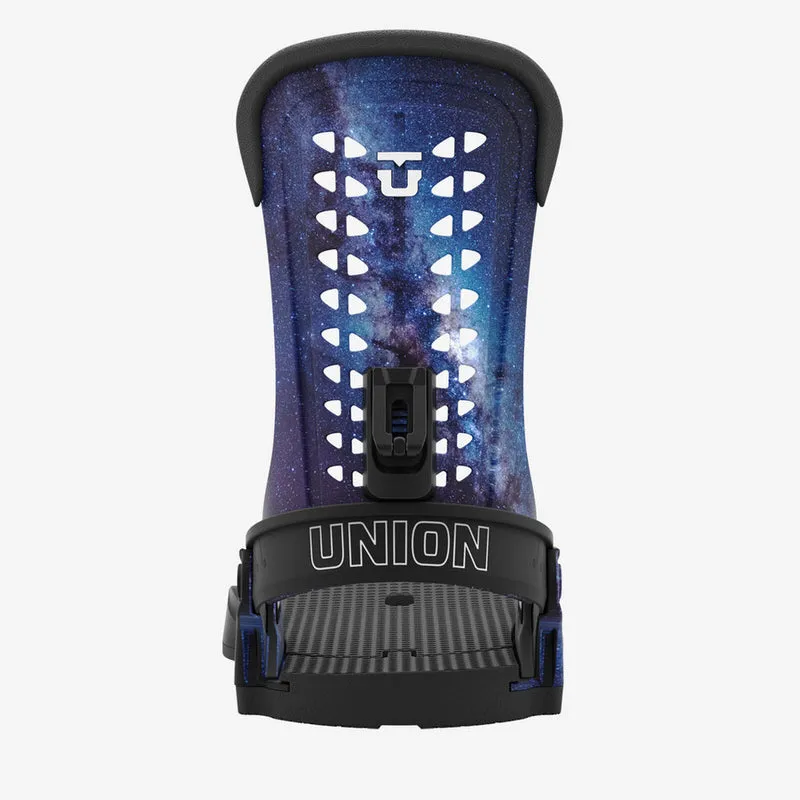 Black Union Force snowboard binding with blue Cosmos pattern on the highback and Union logo.