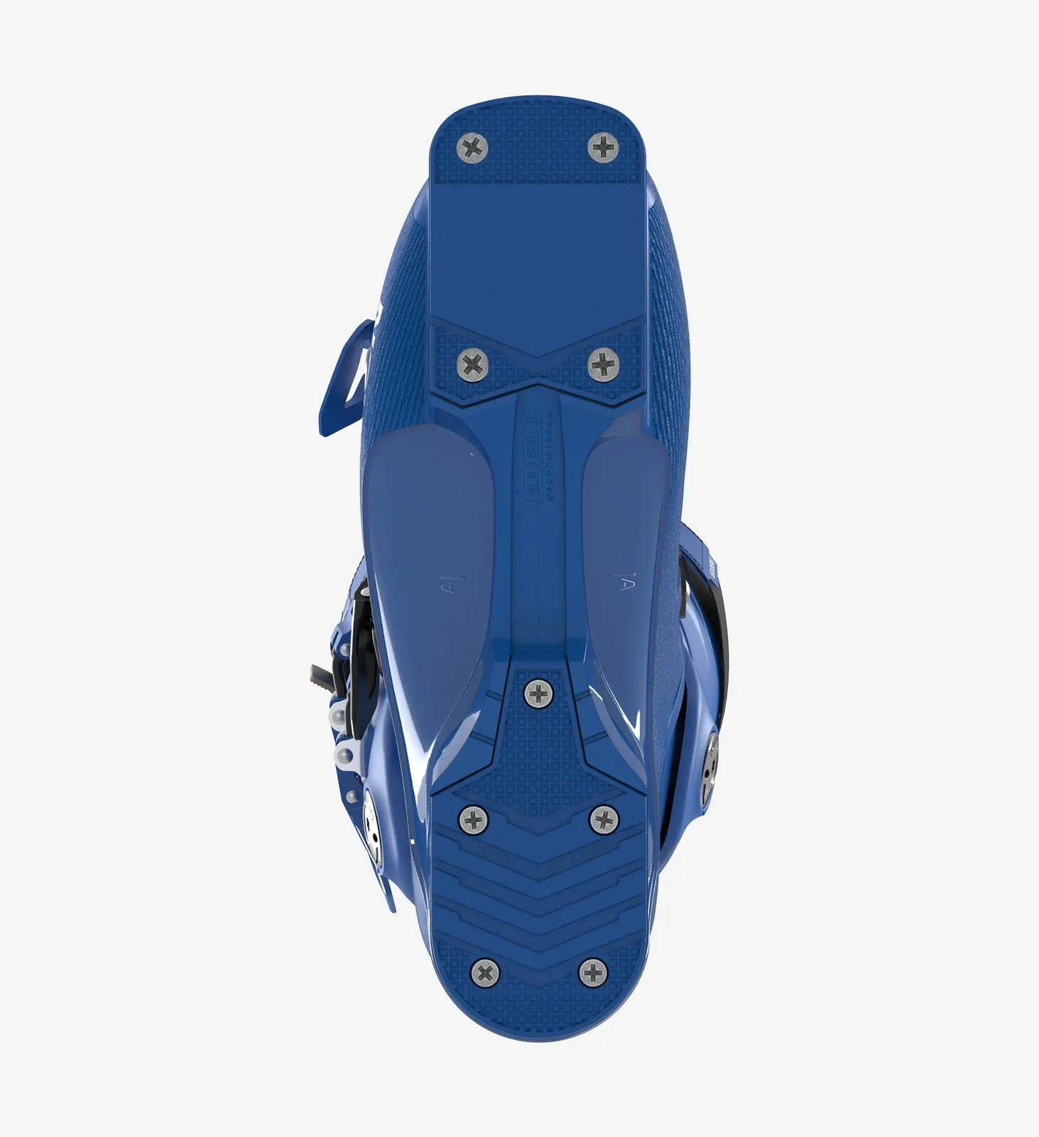 Chaussure de ski bleue Salomon S/PRO ALPHA 130 par le bas, semelle avec vis.