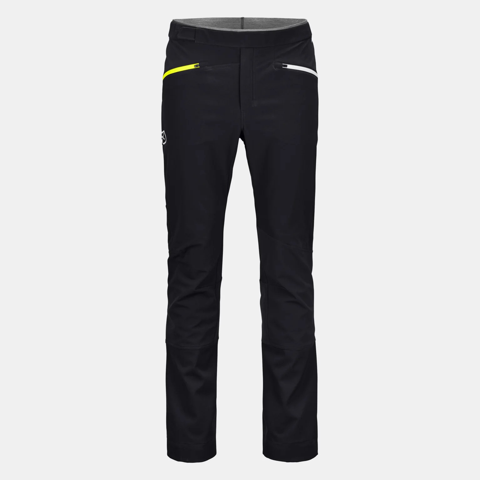Schwarze COL BECCHEI Pants für Herren, mit Reißverschlusstaschen in Gelb und Weiß. Skitourenhose mit vorgeformten Kniebereichen.