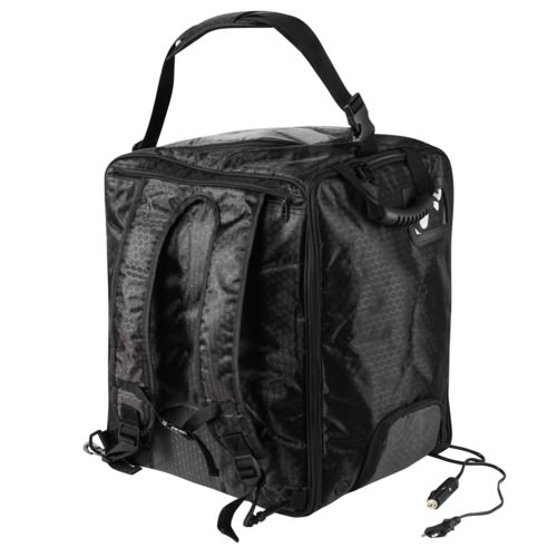 Schwarze Bootdoc Ski Boot Bag Heiztasche mit Tragegriff und Rucksackgurten, inklusive 12V Autoadapter.
