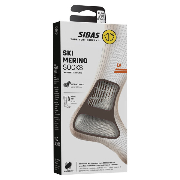 Verpackung für Sidas Ski Merino Socken. Grafik zeigt Merinowolle, festen Sitz und die Passform der Skisocke.