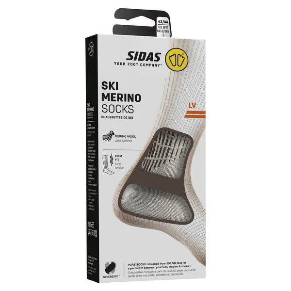 Verpackung für Sidas Ski Merino Socken. Grafik zeigt Merinowolle, festen Sitz und die Passform der Skisocke.