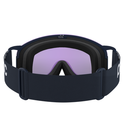 Skibrille von hinten, mit blauem Band, helllila Glas und schwarzer Polsterung.