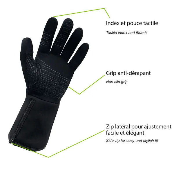 Black, heatable underglove with silicone grip, zipper and touch-sensitive fingertips.