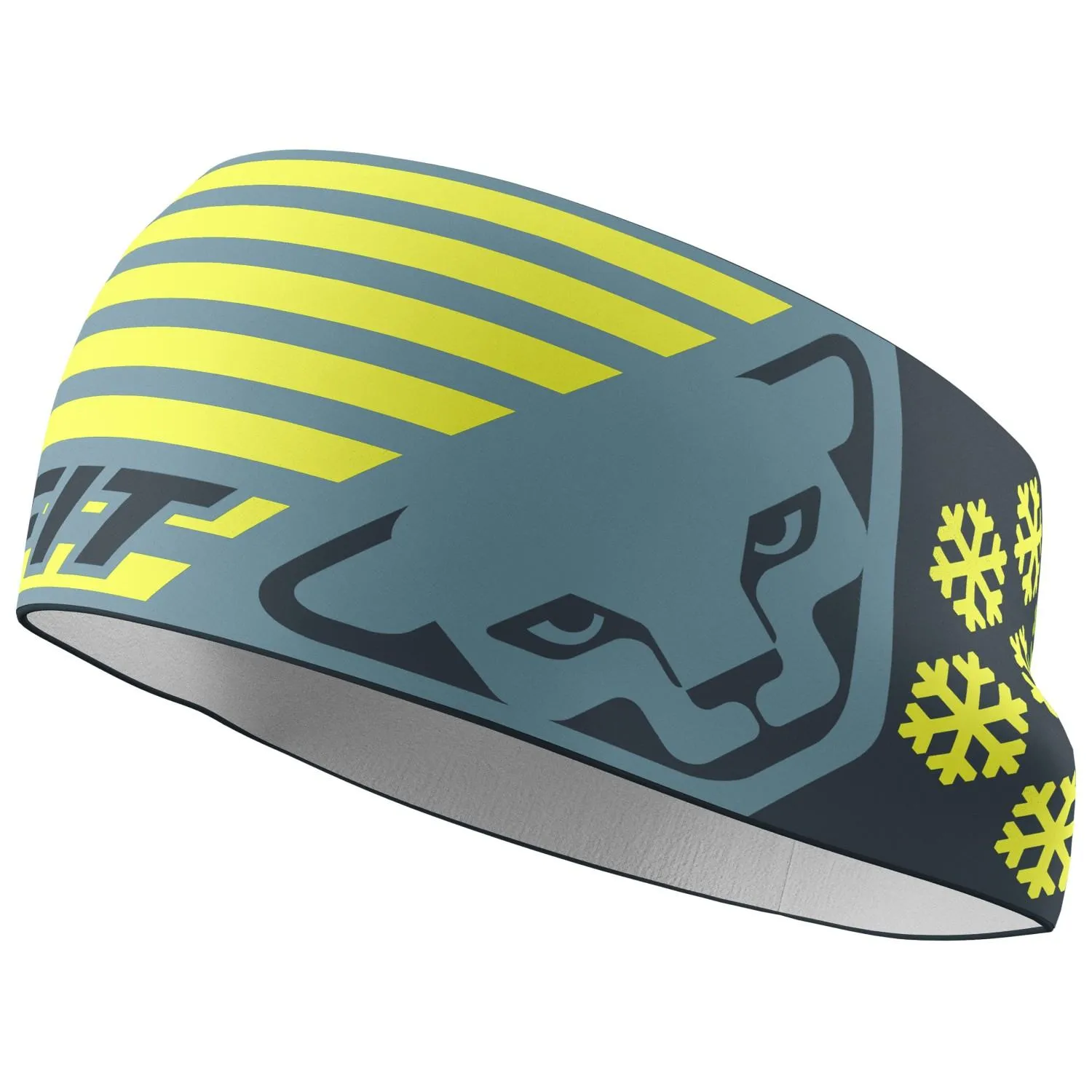 Headband with yellow stripes, cat's head and snowflakes on a blue-grey background.
