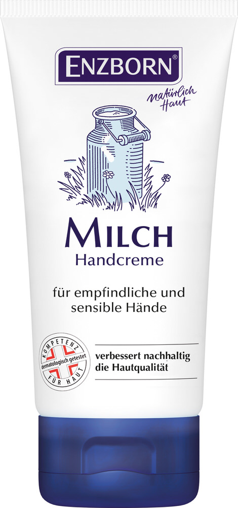 Weiße Tube Milch Handcreme mit blauem Deckel und Illustration einer Milchkanne.