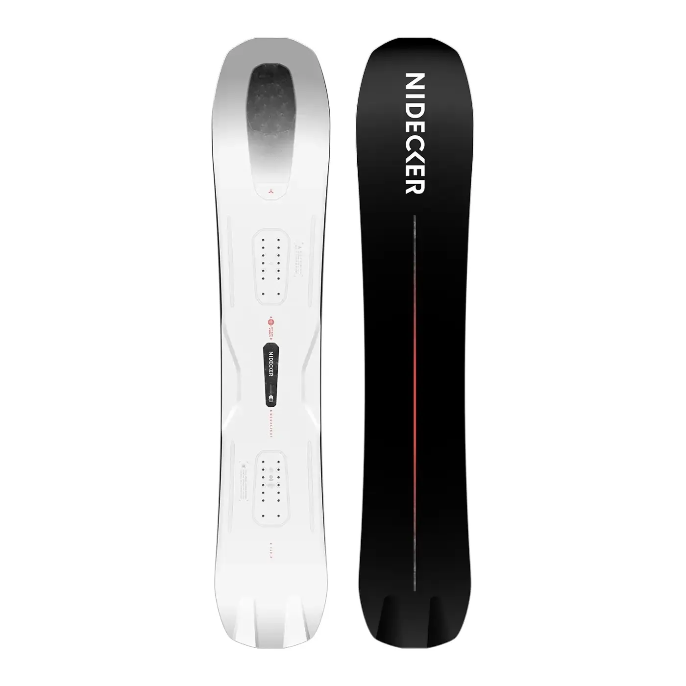 Zwei Snowboards: Eines weiß mit Montagemöglichkeiten, das andere schwarz mit Nidecker-Logo und rotem Streifen.