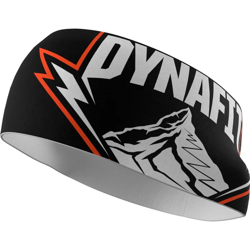 Bandeau noir Dynafit Performance avec motif montagne, logo et accents orange.