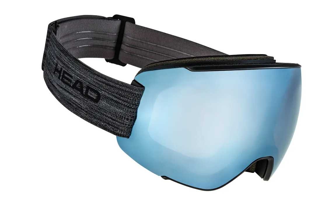 MAGNIFY 5K blue KORE ski goggles with gray headband and bluish, mirrored toric lens.