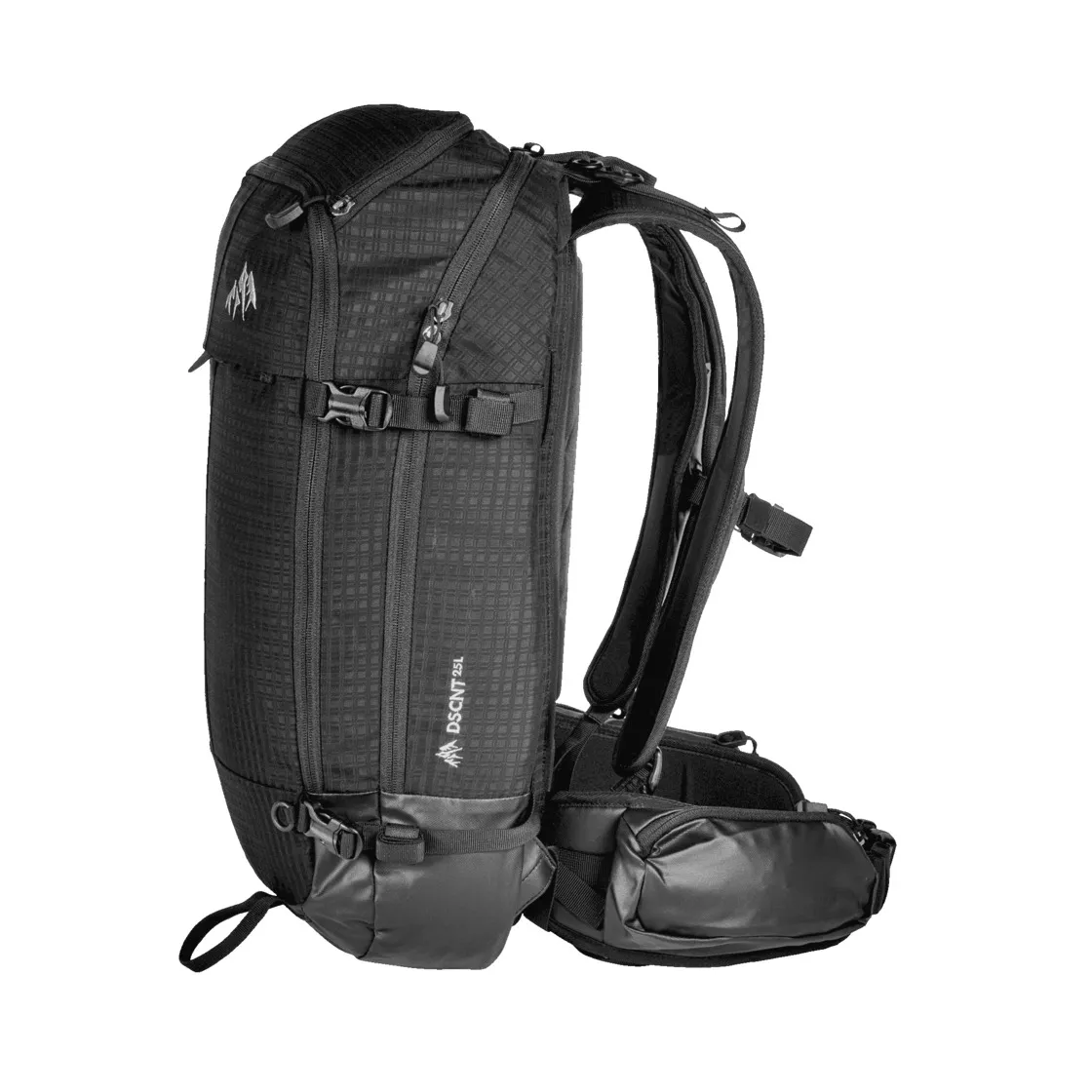 Zaino nero Jones DSCNT 25L, vista laterale. Sono visibili gli spallacci, gli spallacci laterali e le varie tasche.